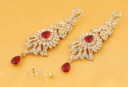 Touchstone "Hollywood Glamour Oscar Collection" Indian Paisley Motif Designer Bridal Jewelry Long Chandelier Earrings In Antique Gold and White Tone For Women. - Image 3